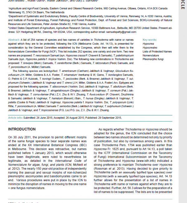Bissett The list of Trichoderma species 2015